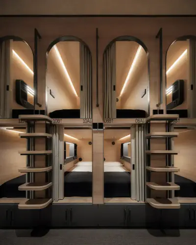 Capsule corridor of the GettSleep Sleep Lounge in Terminal 4 Satellite (T4S) of Adolfo Suárez Madrid-Barajas Airport