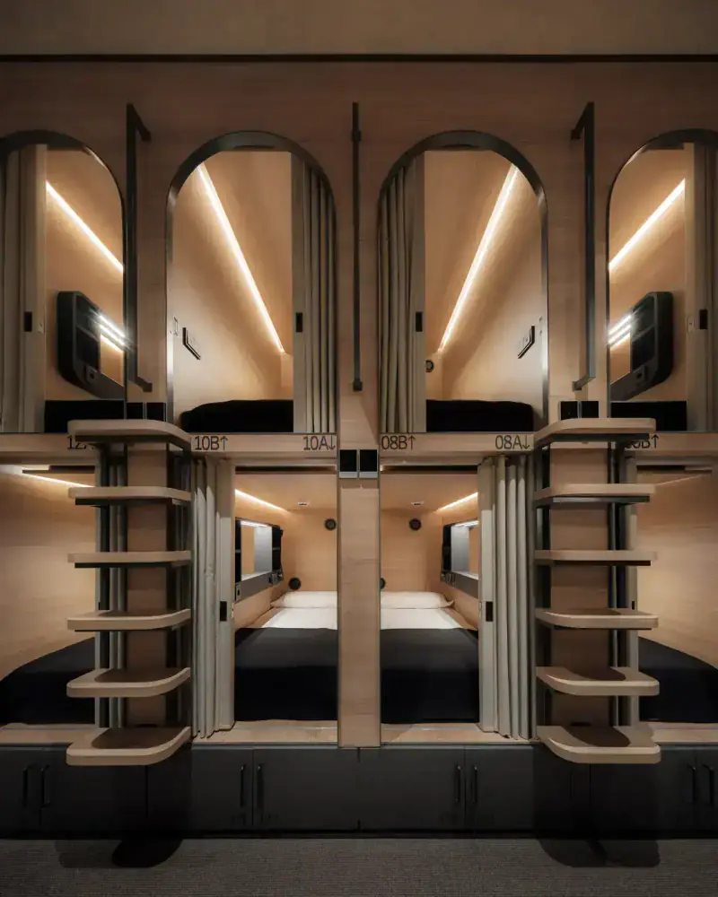 Capsule corridor of the GettSleep Sleep Lounge in Terminal 4 Satellite (T4S) of Adolfo Suárez Madrid-Barajas Airport